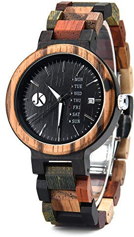Kim Johanson Damen Holz-Edelstahl Armbanduhr *Colorful Week* mit Datum- & Tagesanzeige Handgefertigt Quarz Analog Uhr inkl. Geschenkbox