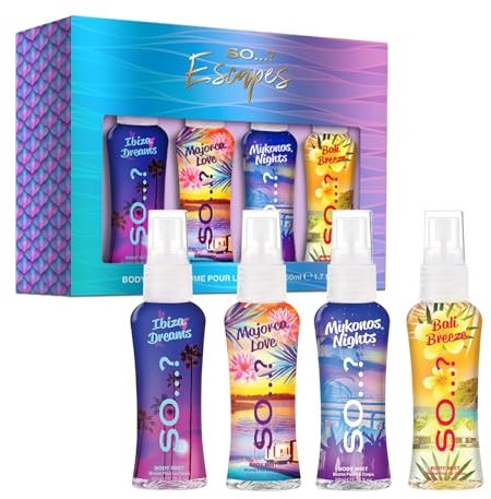 So…? Escapes Womens Gift Set, with Ibiza Dream, Bali Breeze, Mykonos Nights & Majorca Love, Fragrance Spray Set (4 x 50ml)