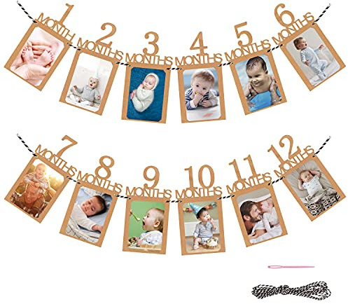 Banner für 1.Geburtstag Baby-Meilenstein-Girlande/Geburtstagsdeko -12 Kraftpapier-Karten für Monatsbilder, inklusive Schnur & Nadel -Party-Dekoration & Zubehör (Kraft, 1)