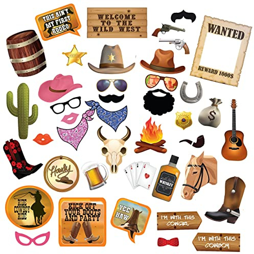 Western Cowgirl & Cowboy Photo Booth Props. Wild West Party Decorations. 41 Pcs Texas Theme Props with Wanted Sign for Birthday, Cowgirl Bachelorette Party and Wedding by Scapa Pro (Multi)