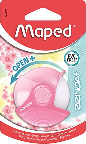 Maped Zenoa Plus Radiergummi, rund, weiß, mit 180° drehbarer Schutzhülle, phthalatfrei, PVC-frei, pastellrosa