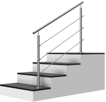 Edelstahl Treppengeländer Aufmontage, 1m lang, 0,9m hoch, Außengeländer, je 2 Pfosten + 3 Querstreben + Handlauf mit Trägerplatten + Zubehör, Winkelverstellbar (L:1000mm H:900mm)