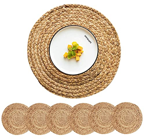 CY SISTERS Woven Placemats Round Placemats Set of 6, 13.5 Inch Wicker Placemat Circle Rattan Placemats Farmhouse Boho Braided Natural Water Hyacinth Place Mats for Indoor & Outdoor Table Decor