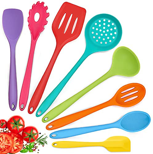 Herogo Set di 8 posate da cucina in silicone, antiaderenti, resistenti al calore, set di utensili da cucina, con spatola in silicone, cucchiaio/paletta, mestolo, colorato