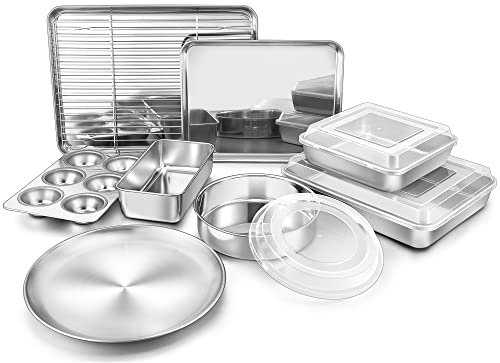 TeamFar Stainless Steel Bakeware Sets, Baking Sheet with Rack, Toaster Oven Pan & Pizza Pan, Lasagna Pan with Lids, Square & Round Cake Pan with Lids, Muffin & Loaf Pan, Healthy