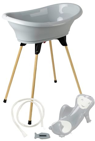 THERMOBABY - Pack Baignoire Bébé VASCO 5 En 1 - Baignoire, Pied En Bois, Tuyau De Vidange, Transat De Bain, Thermomètre - Gris Charme - Pliable & Stable - Fabriqué En France