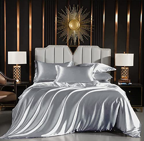 Luofanfei Satin Bettwäsche 135x200cm 4teilig Grau Glänzend Seide Einfarbig Bettbezug Set Glatt Luxus Bettwäsche Set Glanzsatin Polyester Einzelbett mit Reissverschluss und Kissenbezüge 80x80 cm