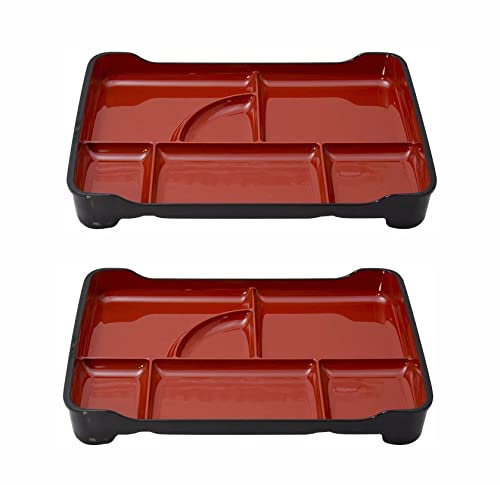 JapanBargain 1590, Japanese Lunch Bento Box Traditional Plastic Lacquered Bento Plate 6 Compartments for Restaurant or Home, Red and Black Color, 14x9.25, Made in Japan, 2 Pack