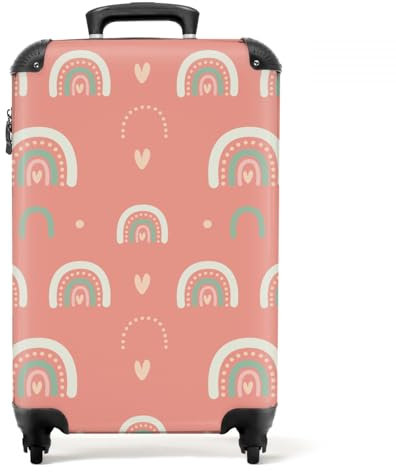 NoBoringSuitcases.com® Reisekoffer Kinder Mädchen Handgepäck Koffer Klein Hartschalenkoffer Rosa - Regenbogen - Herz - 55x35x20cm
