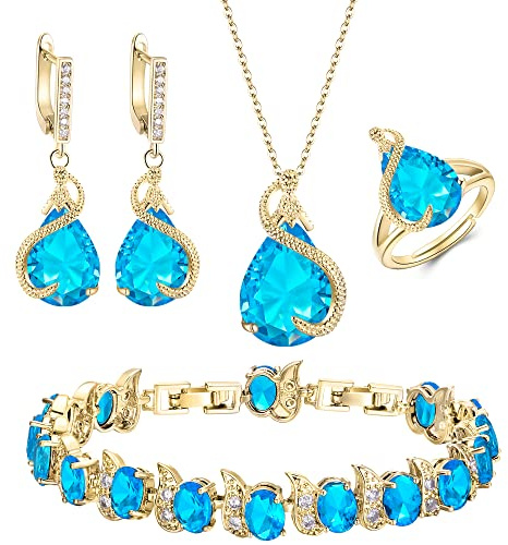EVER FAITH 4 Stück Tropfen Cubic Zirconia Schmuck Set Glamour Anhänger Halskette Ohrringe Tennis Armband und Offener Ring für Damen Hochzeit Party