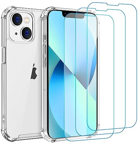 Whioltl Cover per iPhone 13, Trasparente 4 in 1 Custodia per iPhone 13 con 3 Pellicole Vetro Temperato, Anti-Graffio e Anti Ingiallimento Silicone Protettiva Case, Pellicola Proteggi Schermo