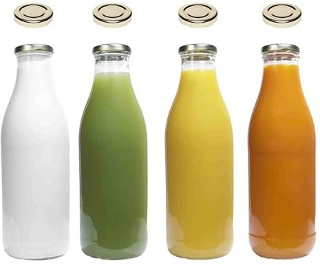 4 botellas de cristal de 1000 ml para zumo de leche con 8 tapas, color dorado, incluye etiquetas