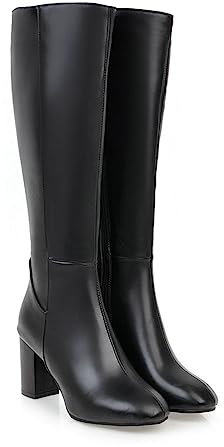 WOkismD Kniehohe Stiefel für Damen, klobiger Absatz, runde Spitze, Kniehohe Stiefel mit seitlichem Reißverschluss, Kunstleder, Blockabsatz, breite Wadenreitstiefel, Übergröße 34–45,Schwarz,41