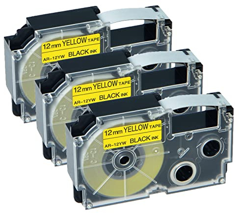 NineLeaf 3 Packung Ersatz für Casio EZ XR12YW XR-12YW AR-12YW XR-12YW2S XR12YW2S 12mm x 8m Bänder Schwarz auf Gelb Schriftband für KL60 KL750 KL750B KL750BA KL750KITCH KL780 KL8100 Beschriftungsgerät