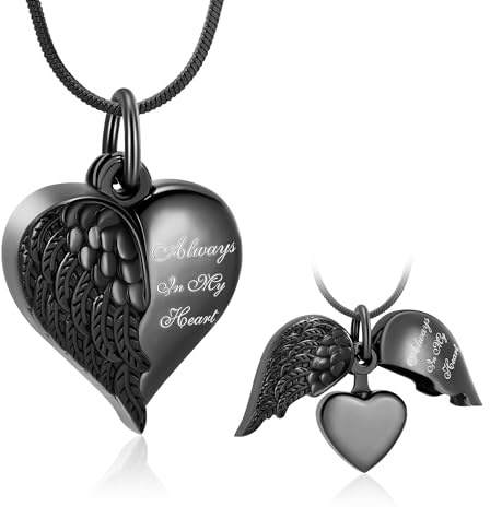 Herz-Urnen-Halsketten-Anhänger für Asche, Engelsflügel, Einäscherungsschmuck für Damen und Herren Andenken, Asche, Schmuck mit Aufschrift Always in my Mind Forever in my Heart