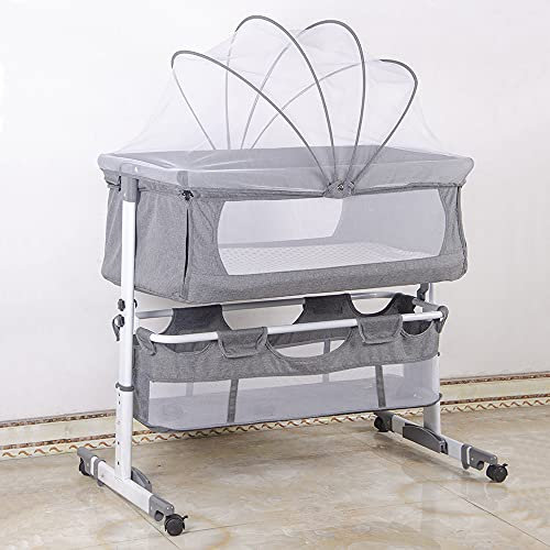 XDAILUYYDS Kinderbett mit Moskitonetz, Kinderreisebett mit Rollen, Babybetten Stubenwagen, Babywiege, Beistellbett, Baby Wippe, Tragbares Bett für Säuglinge Neugeborene (92 * 58 * 70-90cm grau-weiß)