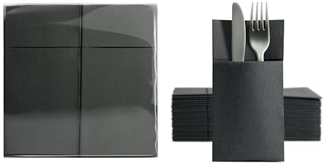 Aroba 50 Soft Point Besteckservietten weiches Material, Volumen & Struktur | fertig gefaltete Servietten mit Schlitz | 39x38 cm 1/8 Falz Bestecktasche |gute Qualität Schwarz