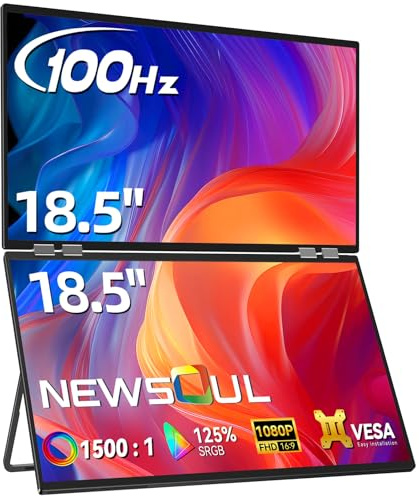 Newsoul Dual Portable Monitor 18,5 Zoll, Laptop Screen Extender, Dual Monitor Faltbarer 100Hz 125% sRGB, 1080P Faltbarer Triple Portable mit Mini-HDMI/UBS-C für Laptop/PC/Telefon/X-Box/PS/Switch
