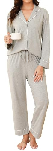 Reliwel Pyjamas-set för kvinnor bomull dam pyjamas knäppt långärmad nattkläder vinter tvådelad andningsbar mjuk bekväm, Ljusgrå, XL