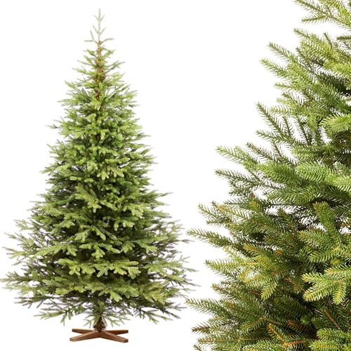 FAIRYTREES Weihnachtsbaum künstlich 220cm Nordmanntanne Exklusiv 100% PE| Tannenbaum Holzständer | Made in EU | Christbaum künstlich mit Naturgetreue Spritzguss Elemente