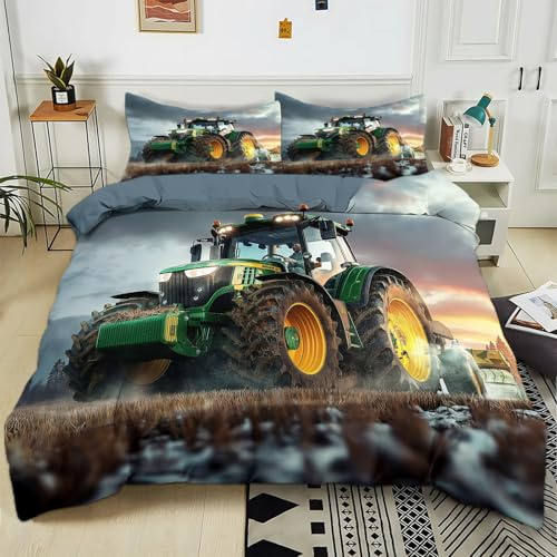 Generisch Bettwäsche 135x200 cm Traktor Grün 3teilig Bettbezüge Set Wende Bettwäsche aus Polyester Baumwolle mit Reißverschluss, Bettwäsche-Sets Weich und Bügelfrei