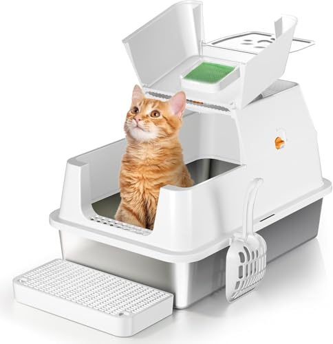 Lettiera per Gatti in Acciaio Inox, paletta lettiera gatto,Lettiera Gatto Chiusa XXL, Contenitori per lettiere con Pala, Doppio Strato Opaco Toilette per Gatti, Cassette igieniche per gatti - Bianco