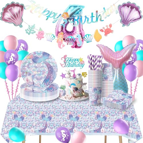 Mermaid Birthday Decoration 4 Years, Mermaid Party Tableware Set, Children's Birthday Decoration 4 Years, Birthday Party Tableware with Balloons for Mermaid Decoration 16 Guests