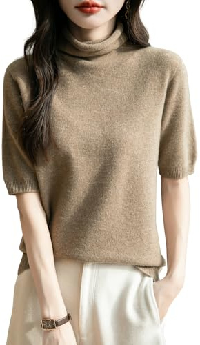 Chanyarn Donna 100% Lana Merino Manica Corta Maglione 2025 Primavera Estate Inverno Casual Dolcevita Senza Cuciture Maglia Maglione (Tan,L)