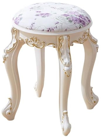 Scandinavian Style Round Vanity Chair for Bedroom 43cm Seat Height Padded Stool Portable Makeup Chair Vintage Foot Stool for Small Spaces Living Room Bedroom Decor (Purple Flower PU Leather