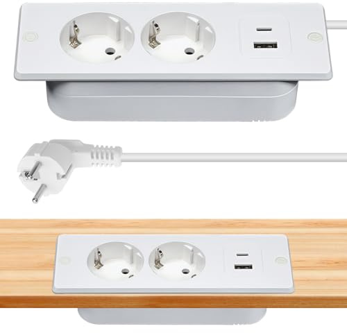 GAOUTO Tischplatte Versenkte Steckdose, Tischplatte Steckdose mit 2 USB C, 2 Fach Einbausteckdose mit 1.5m Kabel, Tischsteckdose Versenkte Steckdosenleiste für Konferenztisch, Arbeitsplatte (Weiß)