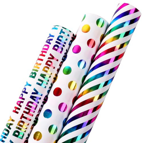 ONBAGLST 3 Rollen 43 cm x 3 m Geschenkpapier, Geschenkpapier Geburtstags-Geschenkpapierrolle, perfekt für Geburtstag, Weihnachten, Hochzeit, Party, Geschenkdekoration