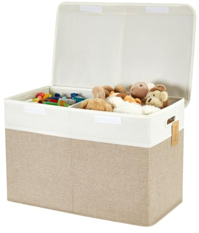 Roobyl Large Toy Storage Box with Lid, Collapsible Toys Storage Organizer Bins with Dividers and Handles, Storage Chest Bin for Kids, Boys, Girls, Nursery 25x13 x16 (Beige & White)