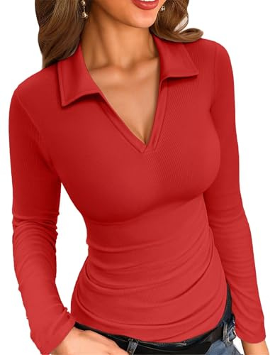 VICHYIE Maglia da donna con scollo a V, a maniche lunghe, slim fit, a costine, Colore: rosso, M