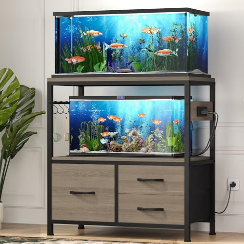Heybly 20-29 Gal Fish Tank Stand with Drawer, Power Outlet,330lbs HAS001SG | Aquarium Stand,Heavy Duty Metal Frame for Fish Tank, Turtle & Reptile Terrarium, 31.5 x 15.7 Top, Rustic Gray