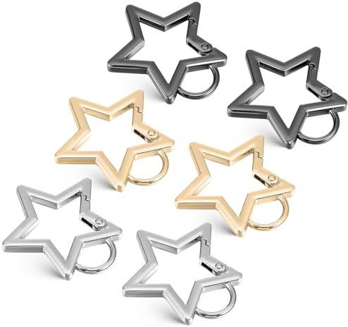 6PCS Star Carabiner, Zinc Alloy Heavy Duty Star Shaped Keychain Clip, 2 Sizes Spring Snap Hook, 3 Color Carabiner Clip, Outdoor Accessories for Camping, Hiking and Fishing (Gold, Silver, Black)