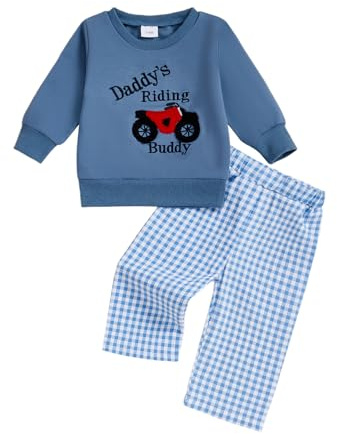 vchoohce Toddler Baby Boy Fall Clothes Tractor Long Sleeve Pullover Sweatshirt Tops Plaid Pants Set Winter Outfit 0-3T (Motorbike-Blue, 12-18 Months)