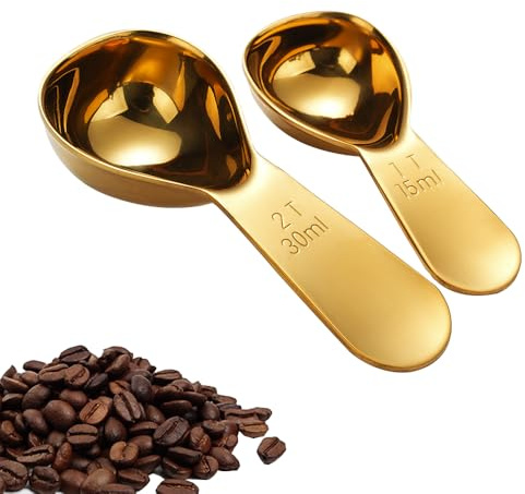 2PCS Golden Tablespoon Coffee Scoop 15ml 30ml Stainless Steel Coffee Bean Measuring Spoon Short Handle Measure Scooper for Powder Loose Tea Ground Sugar Flour Protein Flour Jars