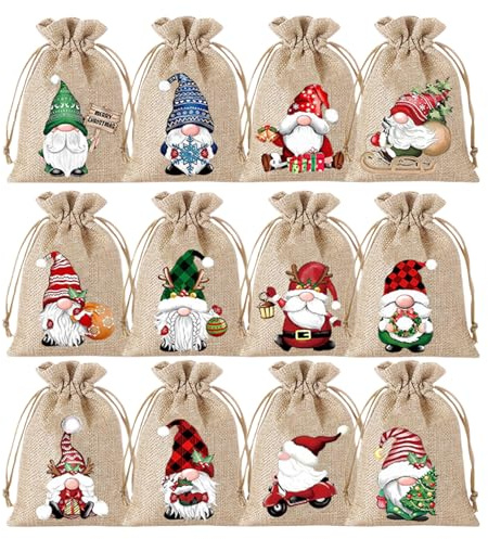 Weihnachtsbeutel mit Kordelzug – 12 Stück Wichtel-Geschenkbeutel mit niedlichen Mustern, wiederverwendbare Stoffbeutel für Leckereien, Süßigkeiten, Geschenke, kleine Geschenke | Urlaubsparty-Dekoratio