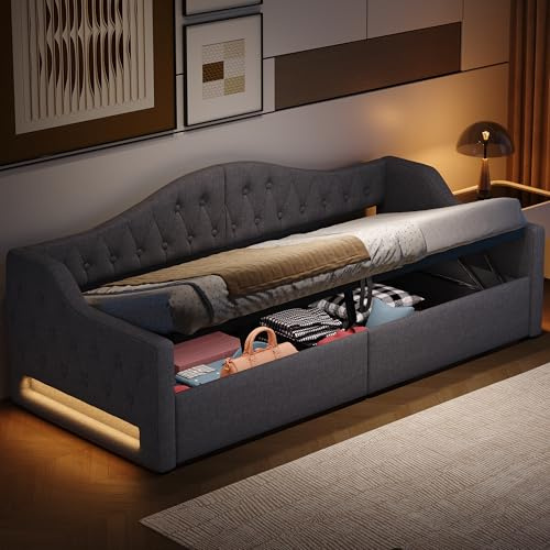 Zravenna Polsterbett Schlafsofa 90x200 mit Bettkasten, Gepolstertes Daybed mit Große Stauraum unter dem Bett, Multifunktionales Einzelbett Gästebett mit Lattenrost, Leinen (A-Grau, 90cm*200cm)