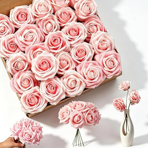 MUNTE 25 rose artificiali realistiche in schiuma, rose artificiali con gambo, rose artificiali rosa come vere, per feste, matrimoni e decorazioni da tavolo