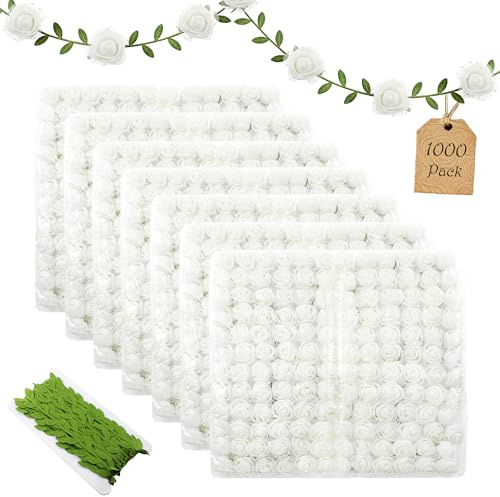 Vignor 1000 Pcs 0.6 Inch Mini Fake Rose Head with Gauze Small Foam Artificial Flowers Bulk for Floral Arrangement Bouquet Wreath Hair Clip Party Decoration DIY Craft (White)