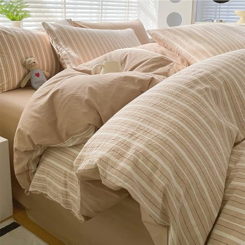 Nesture Bettwäsche 140x200 Baumwolle 2teilig, Beige-weiße Streifen | 100% Baumwolle, gewaschene Leinenoptik, 1x Bettbezug 140x200 + 1x Kissenbezug 80x80cm, Bettwäsche-Sets, Weich & atmungsaktiv