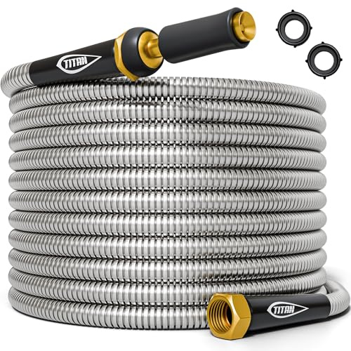 Titan 100FT Metal Garden Hose - Flexible Water Hose with Solid 3/4 Brass Connectors 360 Degree Brass Jet Sprayer Nozzle - Lightweight Kink Free Strong and Durable Heavy Duty 304 Stainless Steel