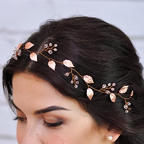 Kercisbeauty Bridal Bridesmaid Cute Leaf and Crystal Headband Head piece Vine with Ribbon for Wedding,Prom Banquet,Ball