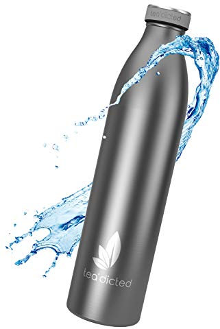 tea'dicted Premium Thermosflasche 1L | Auslaufsichere Edelstahl Thermoskanne | BPA-frei | Designer-Isolierkanne | 12h heiß & 18h kalt | ideal für Sport, Schule, Kinder, Outdoor UVM. (Steel Grey)