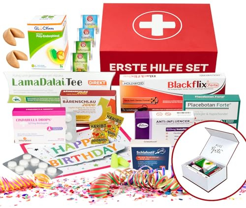 Lustiges Erste Hilfe Set - 10-teilig - Geschenkbox mit vielfältigem Inhalt - Lustige Medikamentenpackungen mit Geburtstagskarte in edler Magnetbox - Witziges Geburtstagsgeschenk für Männer und Frauen