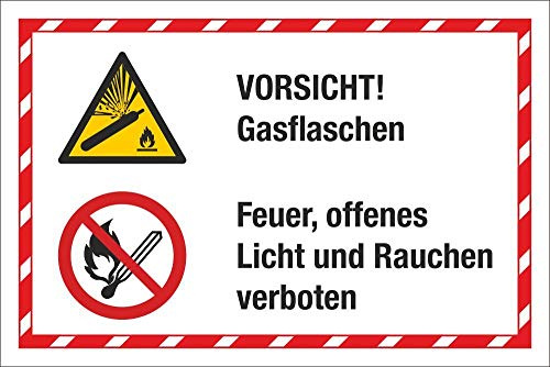 Kombischild Vorsicht Gasflaschen Feuer Licht Rauchen verboten 300 x 200 mm | 3 mm Alu-Verbund, wetterfester UV-Direktdruck, robust und langlebig, Made in Germany
