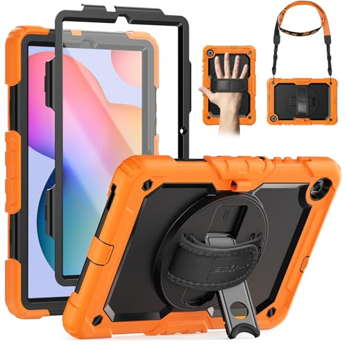 SEYMAC Galaxy Tab S6 Lite 2020 (10,4 Zoll) Hülle, stoßfeste, robuste Hülle mit tragbarem Schultergurt [360 drehbare Handschlaufe/Ständer, Stifthalter] für Samsung S6 10,4 Zoll für Kinder, Orange