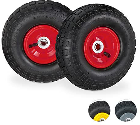 relaxdays 2X Ruote per Carrello 4.1/3.5-4, Gomme di Scorta Carriola, ASSE 16 mm, Fino 136 kg, 260 x 85 mm, Nero-Rosso