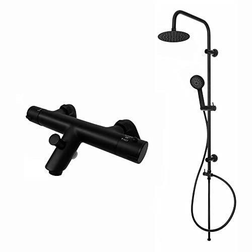 ENKI BBT0249 Dune Thermostatic Modern 200mm Rigid Riser Kit, Black | Rainfall Shower Head, Body Jets, Handset & Hose, Bathroom